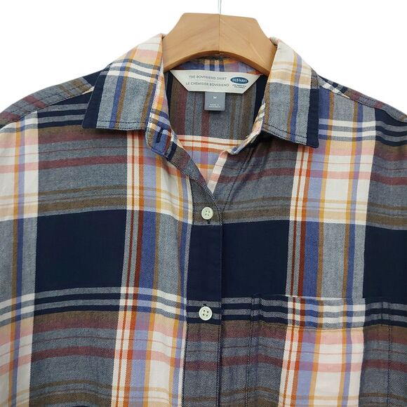 Old Navy The Boyfriend Shirt Womens Medium Blue Brown Plaid Button Long Sleeve - Picture 2 of 11
